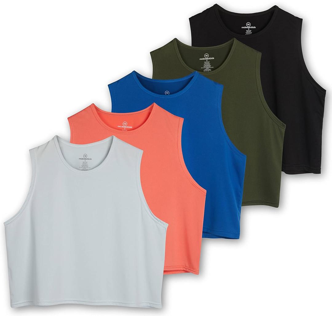 Real Essentials 5 Pack: Women's Dry Fit Crop Summer Tank Top - Gym Yoga Workout Sports Tee (S)
