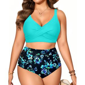 Plus Size Two Piece Swimsuit - High Waisted Bikini Set Tummy Control Bathing Suits for Women (Aqua Blue Flower) 14W