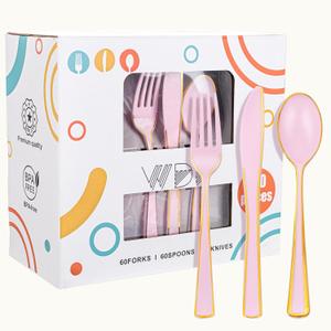 WDF 180 Pieces Pink Plastic Silverware with Gold -Pink Plastic Utensils Set - 60 Guest Pink Cutlery Disposable for Birthday/Party/Wedding