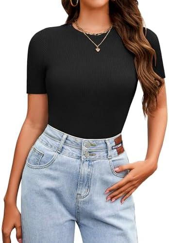 Women's Short Sleeve Slim Fit Tops Crewneck Ribbed Knit Tshirts Summer Basic Casual Tee (Black), Size Small