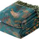 Boho Throw Blanket - 100% Cotton Soft Throw Blanket for Bed, 60"x80" Reversible Breathable Lightweight Spring Blankets, All Seasons Farmhouse Decor Floral Plant Throw Quilt (03-spring Bird Blue)