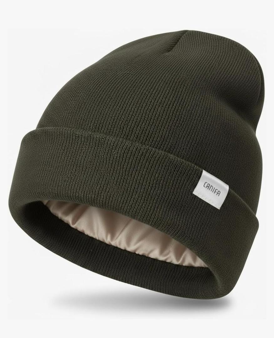 Satin Lined Beanie for Women Men, 3-Layer Warm Slouchy Winter Hat, Valentines Day Gifts for Him Her, Gift Box Card Included Dark Green