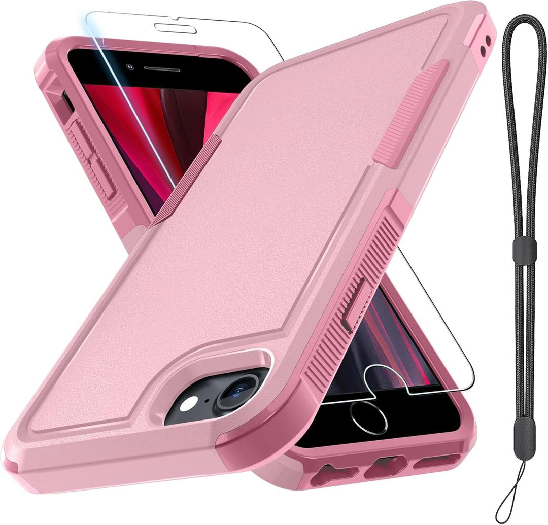 RMOCR Case for iPhone 8/7/SE 2022 2020, with Screen Protector,Military Grade Heavy Duty Shockproof Phone Cover with Wrist Lanyard Strap for iPhone 8/7/SE 2nd 3rd 4.7 inch,Cute Pink