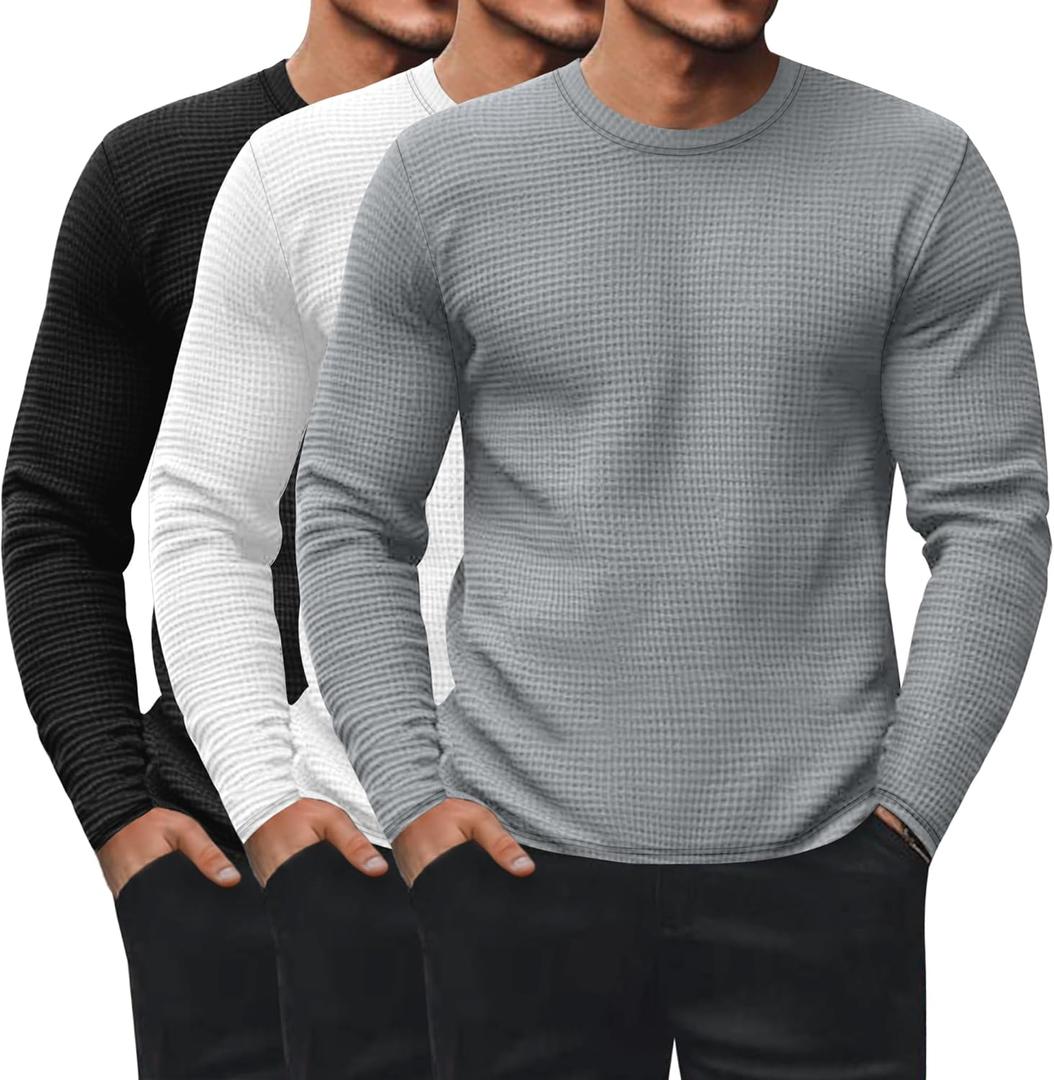 Ficerd 3 Pack Men's Waffle Long Sleeve Shirts, Crew Neck Thermal Underwear Tops Casual Pullover Sweaters Knit Undershirts (Large, Black, White, Gray)
