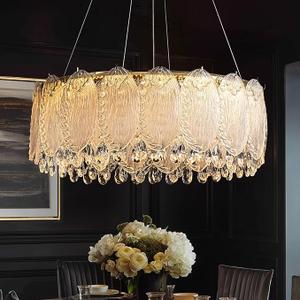  dTinkoso 26" Gold Crystal Chandeliers,Water Ripple Glass Drum Pendant Light Fixture with Adjustable Height, 6 Lights Glass Chandelier for Dining Room, Bedroom, Foyer,Living Room, Brass Gold