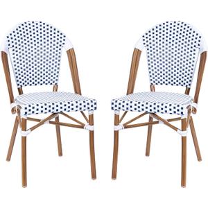 Flash Furniture Lourdes Set of 2 Indoor/Outdoor Commercial Bistro Stack Chairs - White/Gray PE Rattan Back and Seat - Natural Bamboo Print Aluminum Frame