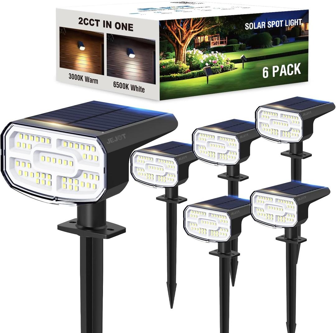 Solar Spot Lights Outdoor Waterproof IP65,6 Pack, 2CCT(3000K/6500K), Super Bright LED, 4 Lighting Modes Selectable, Solar Powered Yard Garden Solar Spot Lights for Outside Landscape Auto On/Off (2CCT-Warm&Cool)
