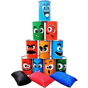 Bean Bag Toss Game for Kids Adults Family Indoor Outdoor Fun, Carnival Can Toss Game for Holiday Birthday Party Backyard Outside Activities- 10 Funny Face Cans and 3 Bean Bags, Kids Bowling Set