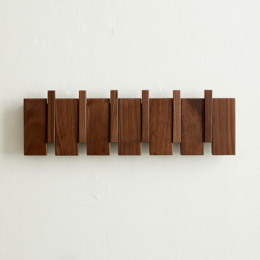  Wood Coat Rack Wall Mount, Coat Hooks Hanger Wall Mounted, Heavy Duty Wall Coat Rack with 6 Hooks for Hanging Coats/Keys/Hats/Robe&Towels/Plants/Bags, Walnut, 17.7" * 5.3"