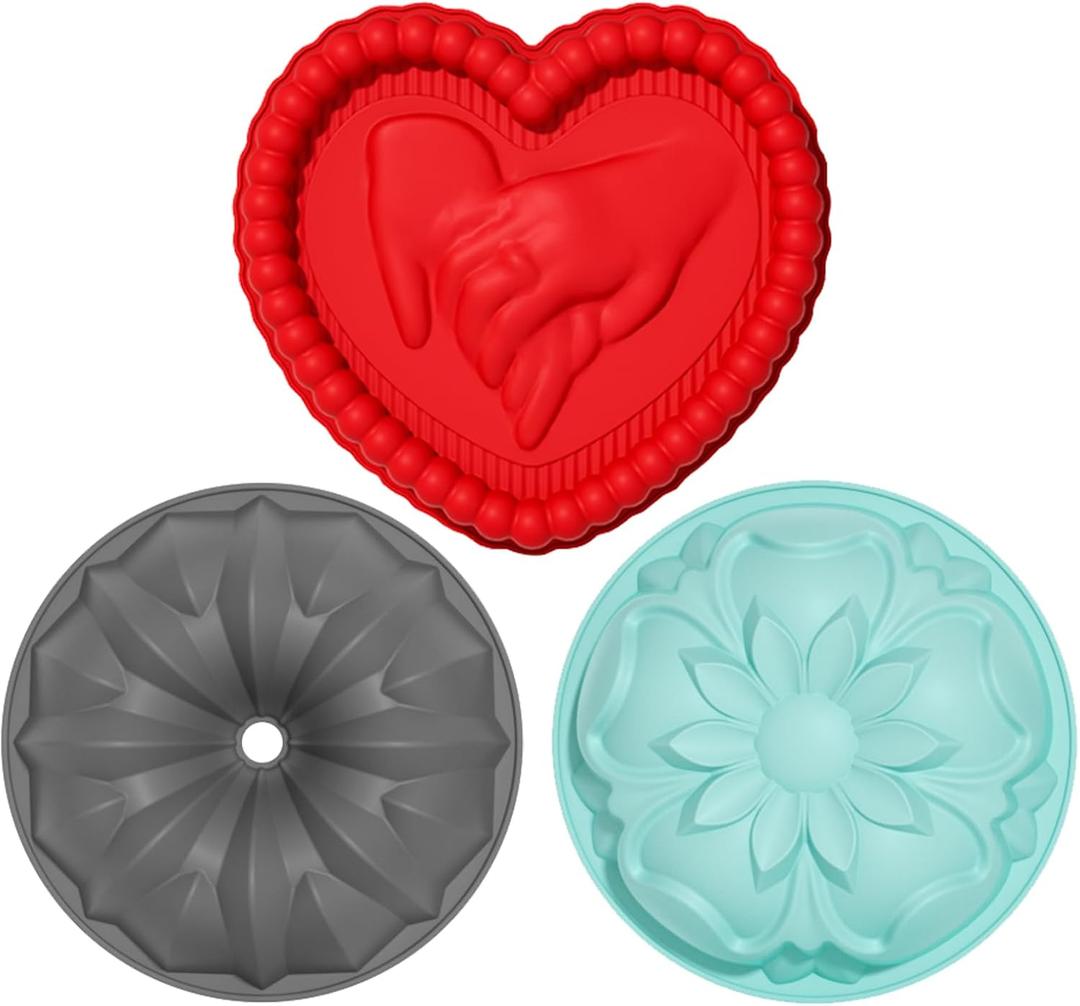 JOYPICKS 3 Pack Silicone Cake Molds Nonstick, Christmas Silicone Bundt Cake Pan, Baking Pan for Cake,Brownie Bread Jello and Pies, Tarts (Multiple colors)