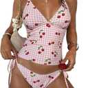ZAFUL Tankini Swimsuits for Women Halter V Neck Plaid Tummy Control Bikini Swimsuit Tie Side 2 Pieces Bathing Suit (Pink, L)