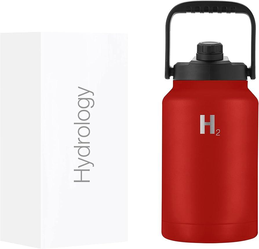 H2 Hydrology Growler Water Bottle With Handle Lid | Double Wall Vacuum Insulated One Gallon Growler | Hot and Cold Leak Proof Sweat Free | Sports, Hiking, Camping, Travel (128 oz, Red)