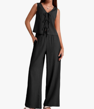 BeryLove Two Piece Sets for Women Summer Outfits Lounge Sets Cap Sleeve Tops Wide Leg Crop Pants Vacation Travel Outfits, Large