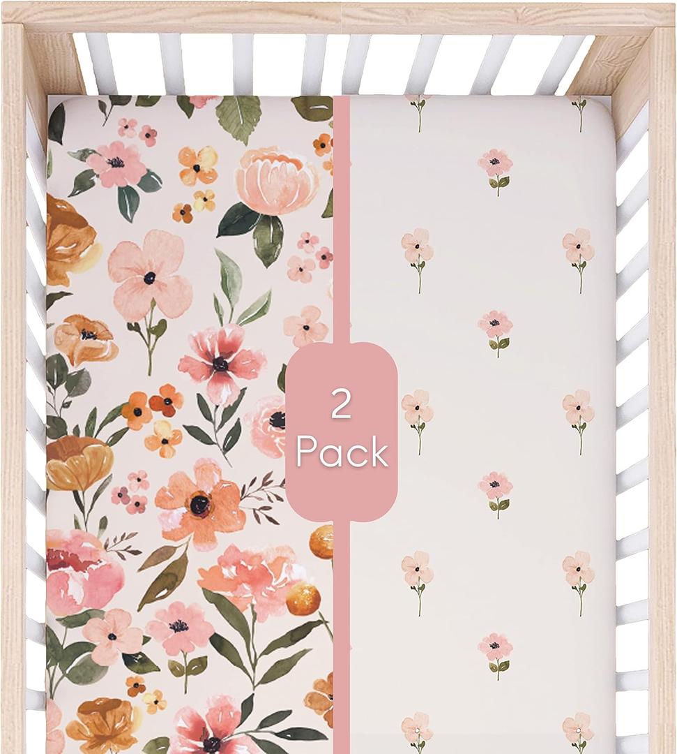 Crib Sheets Set - Premium and Ultra Soft Cotton Blend Fitted Baby Crib Sheet- 2 Pack- Crib Bed Mattress & Toddler Bed Sheet by Max&So (Pink & Lemonade)