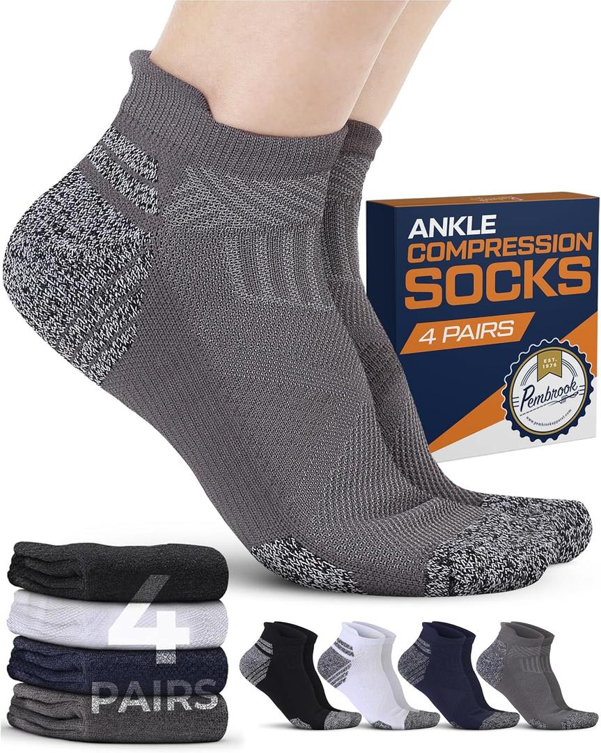 Pembrook Ankle Compression Socks for Women & Men - 4 Pairs | Sports Running Compression Socks | Athletic Ankle Support Socks, XX-Large