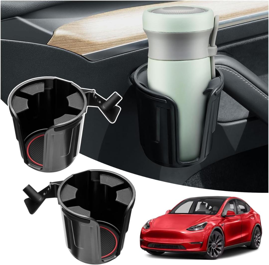 Car Cup Holder for 2020-2024 Tesla Model Y/2016-2023 Model 3 Accessories, Front Rear Left&Right Door Side Cup Holder with Rubber Coaster, Fit for 2.95"-3.7" Cups Bottles