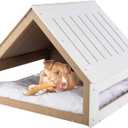 Indoor Dog House Bed - Wood Doghouse with Soft Cushion and Air Vents - 29.5x28x24in Dog Furniture for Small to Medium Pets up to 80lbs - Puppy Accessories by PETMAKER (White)