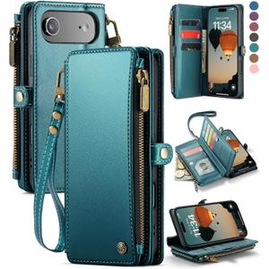 Defencase Compatible with iPhone Air Case Wallet with RFID Blocking Card Holder for Women and Men, PU Leather Magnetic Snap Flip Zipper Strap Wallet Phone Case for iPhone 17 Air 6.5", Blue Green