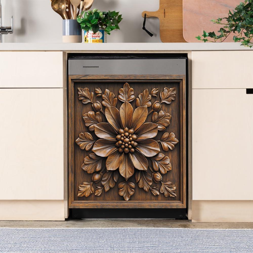 Dishwasher Magnet Cover Vintage Art Floral Magnetic Refrigerator Panel 3D Carved Flower Style Decorative Vinyl Fridge Sticker Home Dishwasher Decor (CC2503MI18-2,23" x 26" Magnetic)