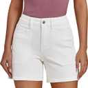 luvamia Jean Shorts for Women Trendy Mid Rise Casual Summer Jorts Distressed Cut Off Stretchy Denim Shorts with Pockets (White, L)