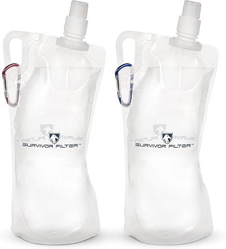 Survivor Filter Collapsible Water Bottles, Canteens (32oz) 2 Pack (2L Total) - Durable Carabiners and Handles. Squeeze Water Through a Filter or Use as Water Bottles (1L)
