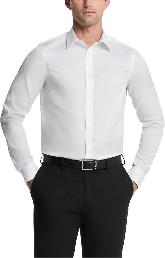 Calvin Klein Men's Dress Shirts Slim Fit Non Iron Solid, White, 15.5" Neck 32"-33" Sleeve