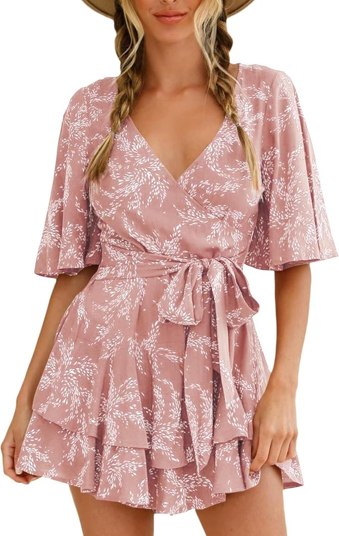 SPRIME Women's Floral Print Summer Rompers Wrap V Neck Double Layered Ruffle Hem Jumpsuit Short Sleeve Waist Tie Romper (Large, Pink)