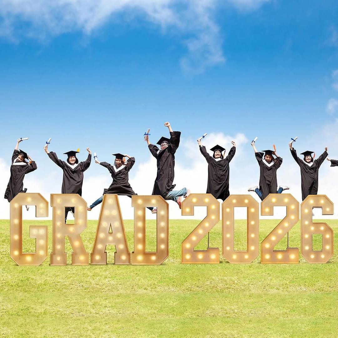Aurelema 8 Pcs 4 ft Prom Grad 2026 Marquee Light Letters Numbers Class of 2026 Large Sign LED Number Letter with String Lights for High School College Graduation Decorations Party(Gard 2026)