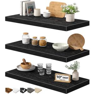 QEEIG 10" Deep Floating Shelves for Wall - 10 x 24 inch Book Shelf Bathroom Bedroom Kitchen Living Room Hanging Bookshelf Farmhouse Set of 3, Black (025-60B3), 10"D x 23.6"W
