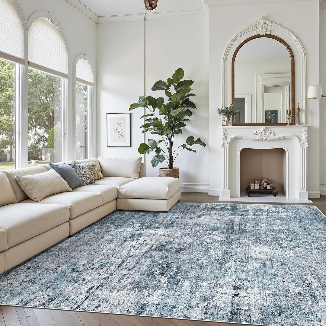 Soalmost 10x12 Area Rugs for Living Room Washable Rug Abstract Blue/Grey | Non-Slip Large Modern Carpet for Dining Bedroom, Soft Low Pile Lightweight Foldable Floor Mat Nursery Home Office Decor