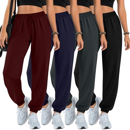 Oakgarden 2 Pack Women's Lounge Joggers High Waisted Sweatpants with Pockets Comfy Drawstring Casual Workout Yoga Pants(Navy Blue, Black,) Size Medium