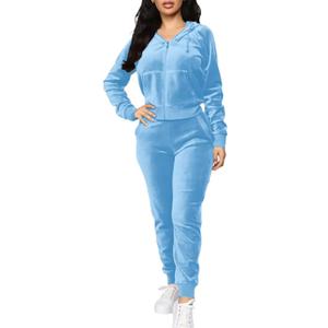 BOGURST Velour Tracksuit Set Womens Sweatshirt Full Zip Hoodie Sweatsuit and Casual Jogger with Pockets (Large, Ah Lightblue)