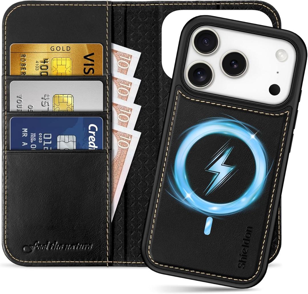 SHIELDON Removable Wallet Case for iPhone 17 Pro 6.3-inch 2025 | Genuine Leather, Folio Magnetic Closure, Wireless Charging, RFID Blocking Card Holder, Kickstand, Shockproof Shell - Retro Black