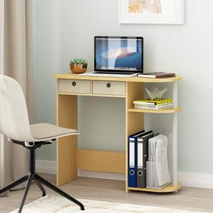 Furinno Go Green 32-Inch Oak Computer Desk, Office Desk with 2 Side Shelves and Storage Bins, Rectangular Home Office Desk, Gaming Desk for Home Office, Bedroom, Study Room, Light Beech, 32-in Wide with 2 Drawers
