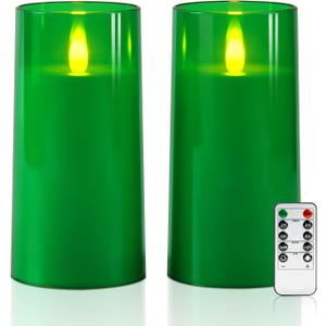 Raycare St. Patrick's Day Flameless Electronic Pillar Candles with Remote Control and Timer- Battery Operated Realistic Flickering LED Fake Candle for Home, Wedding Decor,Green,Set of 2(3"x6"6")
