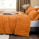 Flannel Fleece Comforter King Set - Furry Burnt Orange Leaves Pattern Faux Fur Bed Set, Winter Ultra Soft Fuzzy Comfort Set, Velvet Bedding Set for Bed with 2 Pillow Cases
