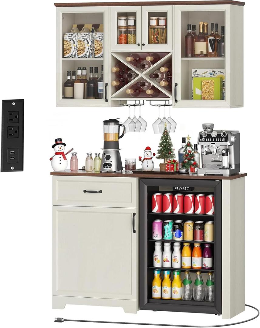 DWVO Coffee Bar Cabinet with Mini Fridge Space Storage & Charge Station, Wall-Mounted Kitchen Pantry Cabinets with Glass Doors & Wine Storage & Glass Racks for Home Living Dining Room, White Walnut