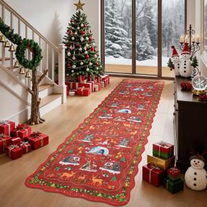 Christmas Runner Rug 2x8 Red Scalloped Runners for Hallways, Indoor Non-Slip Washable Bathroom Entryway Carpet, Holiday Winter Tree Soft Floor Rugs for Bedside Home Decor
