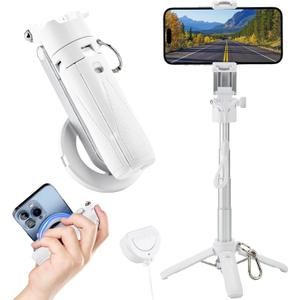 MQOUNY for Magsafe Tripod Stand for iPhone,Portable Pocket Size Selfie Stick with Rechargeable Remote and Metal Ring,Extendable Detachable Cell Phone Tripod Compatible with iPhone/Android (White)