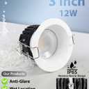 Adetu 3 Inch 5CCT Anti-Glare LED Downlight with Junction Box, 2700K/3000K/4000K/5000K Selectable, CRI90+, 12W COB, 1160LM, IP65 Waterproof, Dimmable-ETL and Energy Star Certified (White,12 Pack)