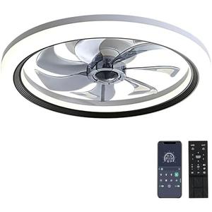 OUREDEEY 20" Ceiling Fan With Lights and Remote, Low Profile, 6 Wind Speeds, Dimmable Light, White Flush Mount, Smart Modern for Home (Black+Grey)
