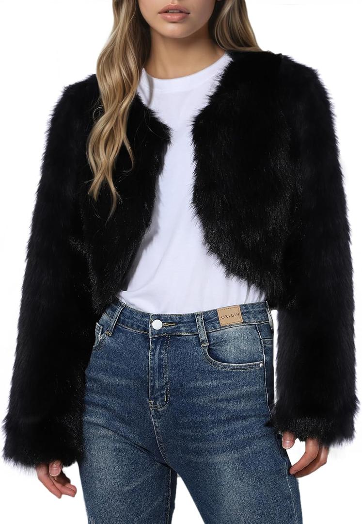 Women's Faux Fur Coat Short Winter Jacket Fluffy Coat Fashion Open Front Long Sleeve Cardigan