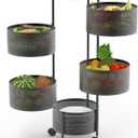 JAQ Rotating Fruit Basket, 5-Tier Metal Sturdy Kitchen Storage Rack Shelf Carts No Assembly on Rolling Wheels for Fruit Vegetable Grocery Corns Potato Onion (5-Tier, Black)