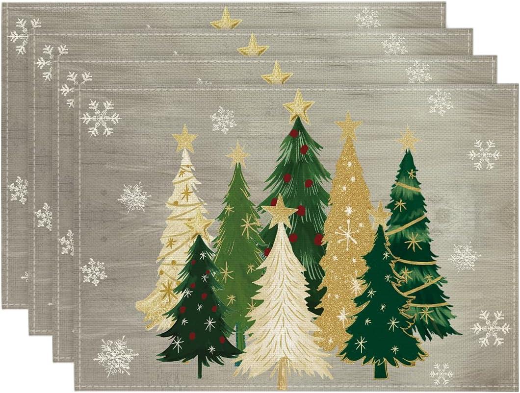 Artoid Mode Xmas Trees Snowflakes Winter Placemats Set of 4, 12x18 Inch Seasonal Gray Christmas Table Mats for Party Kitchen Dining Decoration