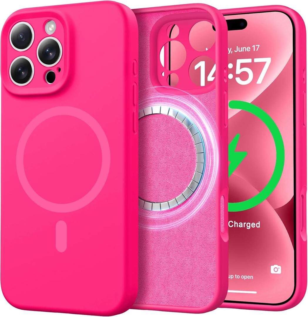 Liquid Silicone Strong Magnetic Case for iPhone 16 Pro Max Compatible with Magsafe & Magnetic Car Phone Mount, Full Camera Protection, Military Shockproof & Anti-Scratch Microfiber Lining Cover, Red