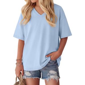 Oakgarden Girls' Shirts 5-14 Years Oversized Short Sleeve Summer T-Shirts V Neck Drop Shoulder Top Kids Casual Basic Cute Tee (Blue)