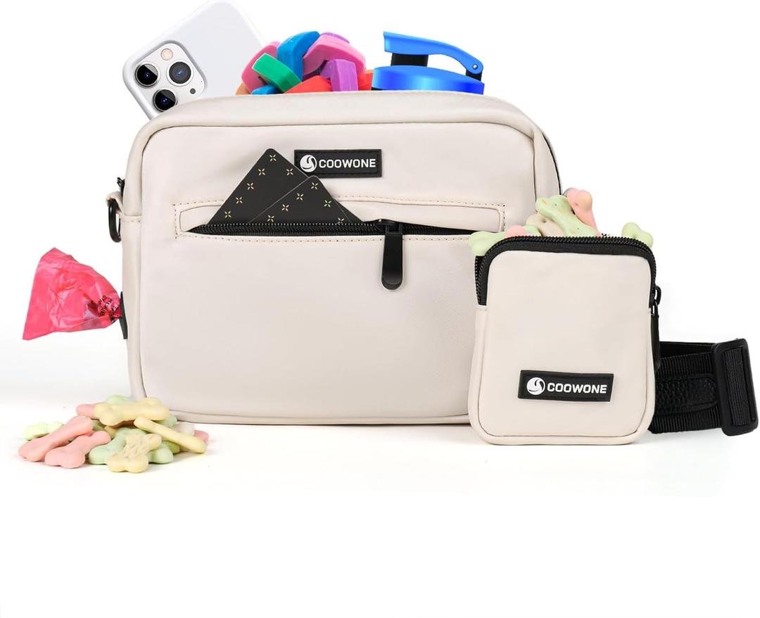 COOWONE Dog Treat Pouch with Removable Small Pet Training Treat Pouches, Built-in Poop Bag Dispenser, Adjustable Shoulder Strap Cross Body Dog Walking Bag (Beige)