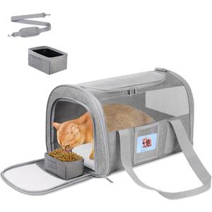 Cat Carrier Soft for Pets Up to 15 Lbs, Cat Travel Bag with Padded Shoulder Strap and Detachable Cat Food Bowl, Pet Dog Carriers for Small Dogs Travel Puppy Carry Airline Approved, Grey