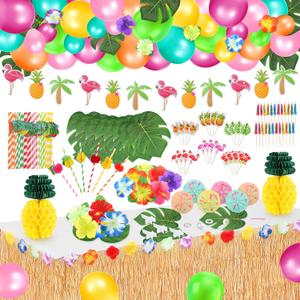 165PCS Hawaiian Luau Party Decoration, Tropical Beach Party Decorations with Balloons, Aloha Party Decor, Summer Pool Party Supplies with Hawaii Table Skirt
