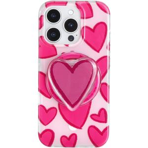 FEWGEY for iPhone 16 Pro Case Pink Heart with Round Phone Grip Compatible with MagSafe Kickstand Holder for Girls Women, TPU Shockproof Protective Phone Cover